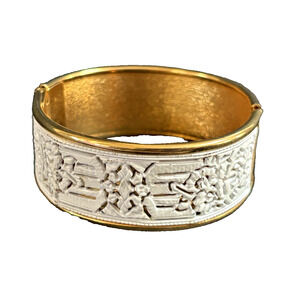 MCM Gold Tone Wide Hinged Bracelet Ornate Metal White Lace Filigree Design 1"